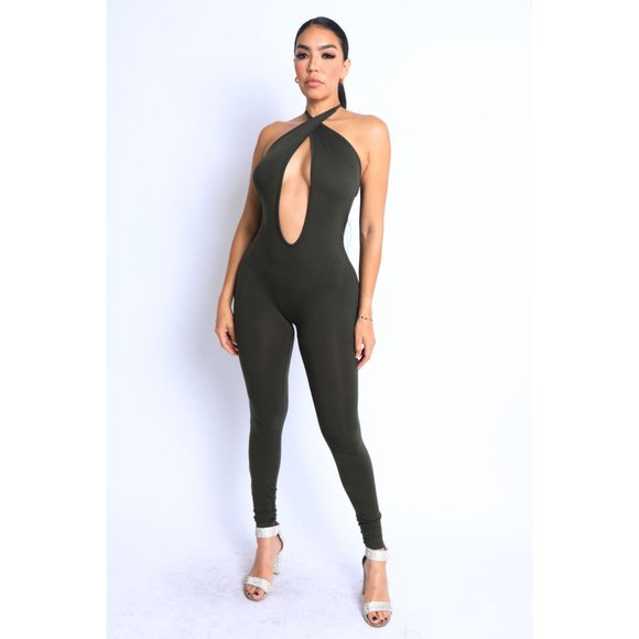 Women's Sexy Open Center Halter Jumpsuit with Cardigan Set Black Cross Neck - Picture 2 of 8